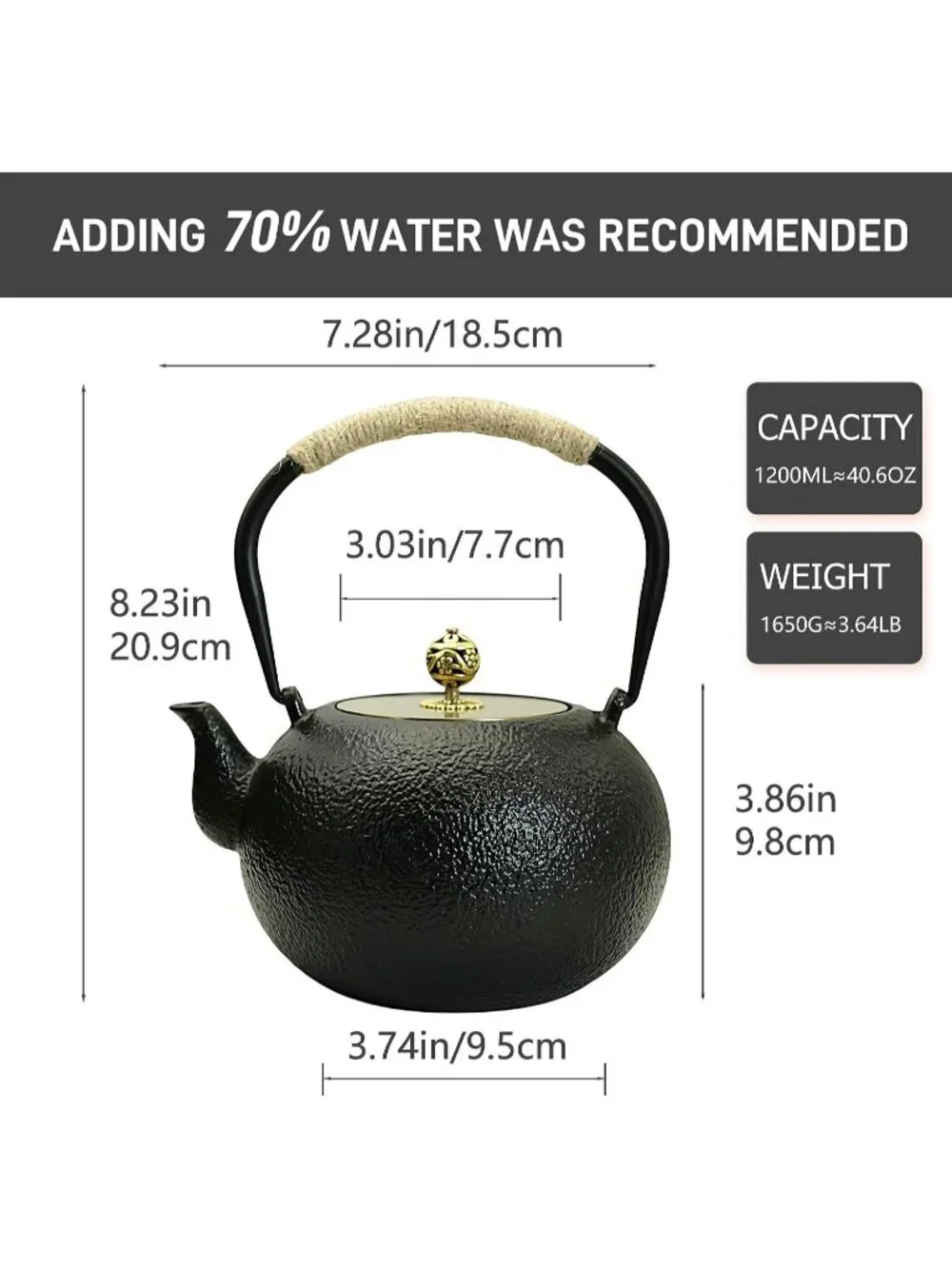Black Cast Iron Kitchen Japanese Tetsubin Tea Pot 40.6oz Stovetop Infuser Pot